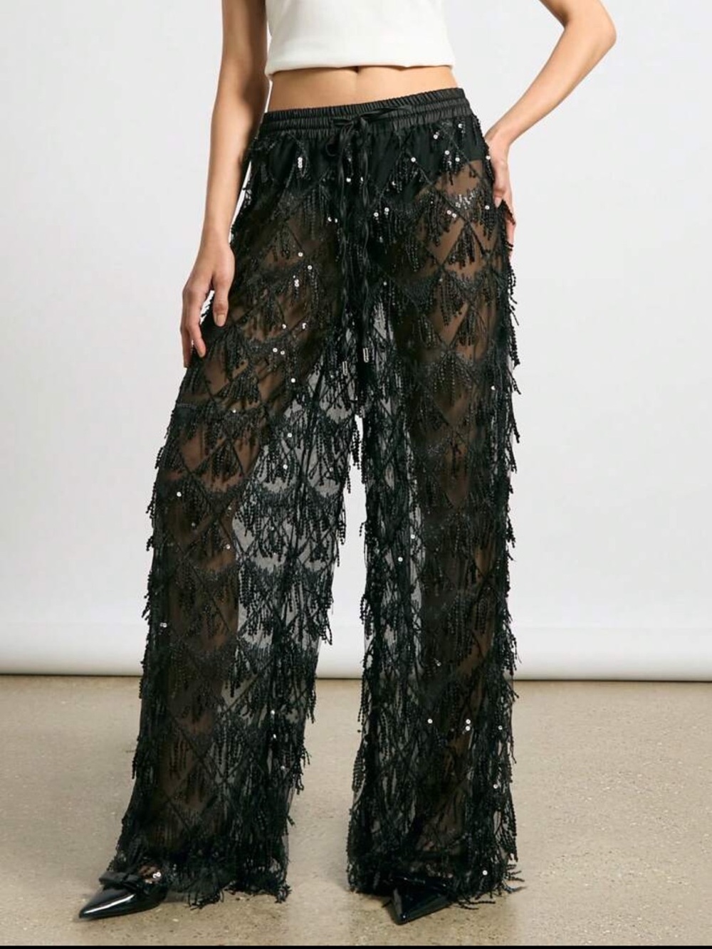 SHEIN Black Sheer Sequin Fringe Wide-Leg Pants